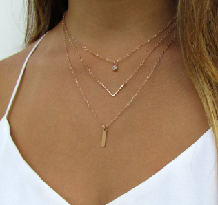 Layered Necklace Set | CZ Pendant, Hammered Chevron & Tiny Bar Necklace